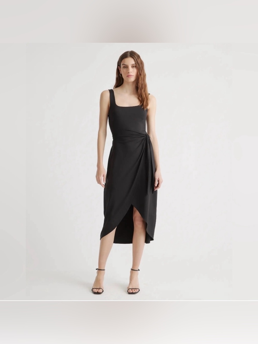 Quince Black Asymmetric Wrap Midi Dress
